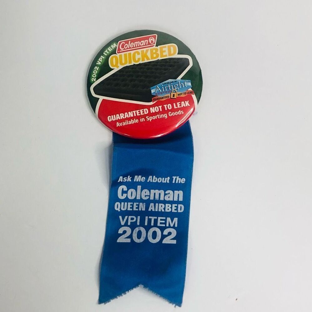 coleman quick‎ bed pin pin back button air bed badge blue ribbon advertising